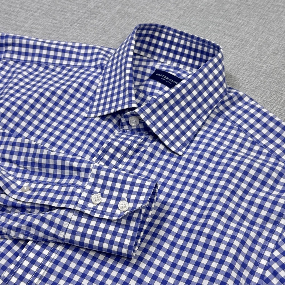 Proper Cloth Dress Shirt Mens Large 17 Blue Gingham Point Collar Long Sleeve